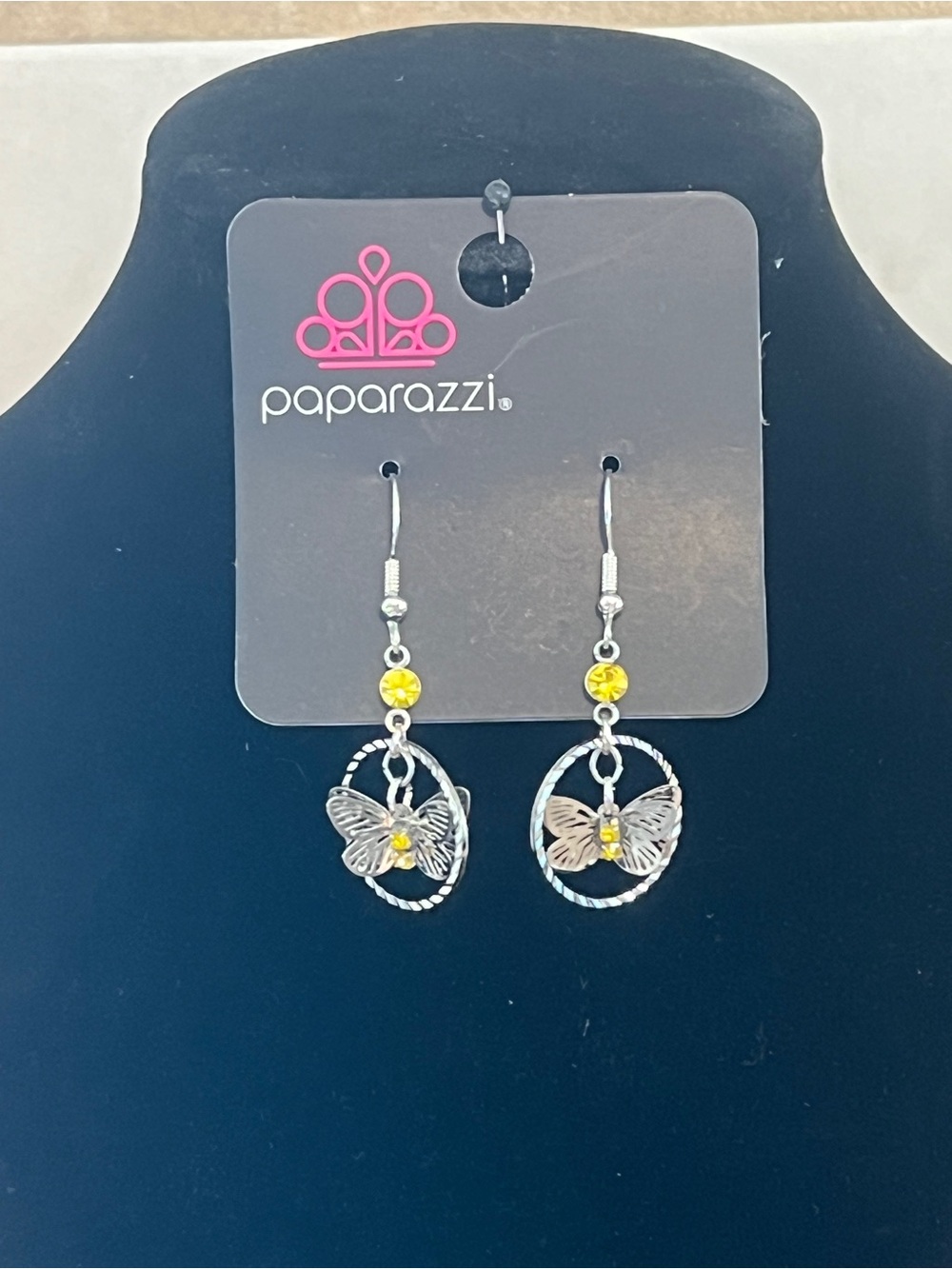 Paparazzi Silver Butterfly Drop Earrings with Yellow Stones